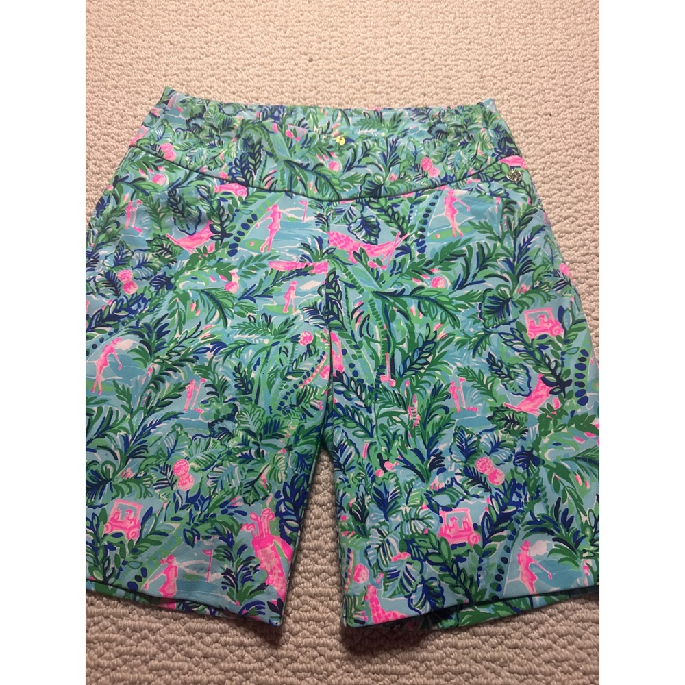 Lilly Pulitzer Gimme The Juice Golf Shorts Blue Green Pink Tropical Stretch Sz 4